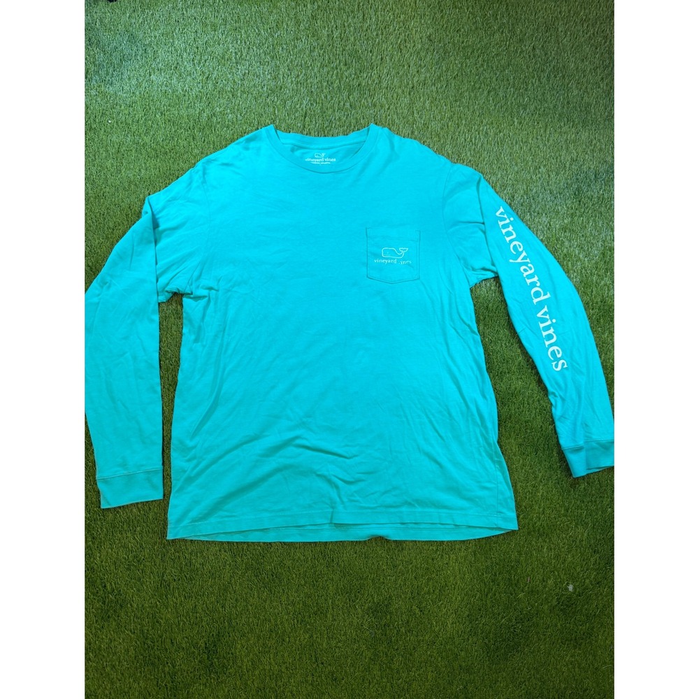 Vineyard Vines Mens Large Long Sleeve Pocket T-Shirt Turquoise Blue Whale Logo